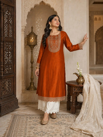 RARE THREAD Embroidered Silk Blend A-line Kurta for Women (Orange)