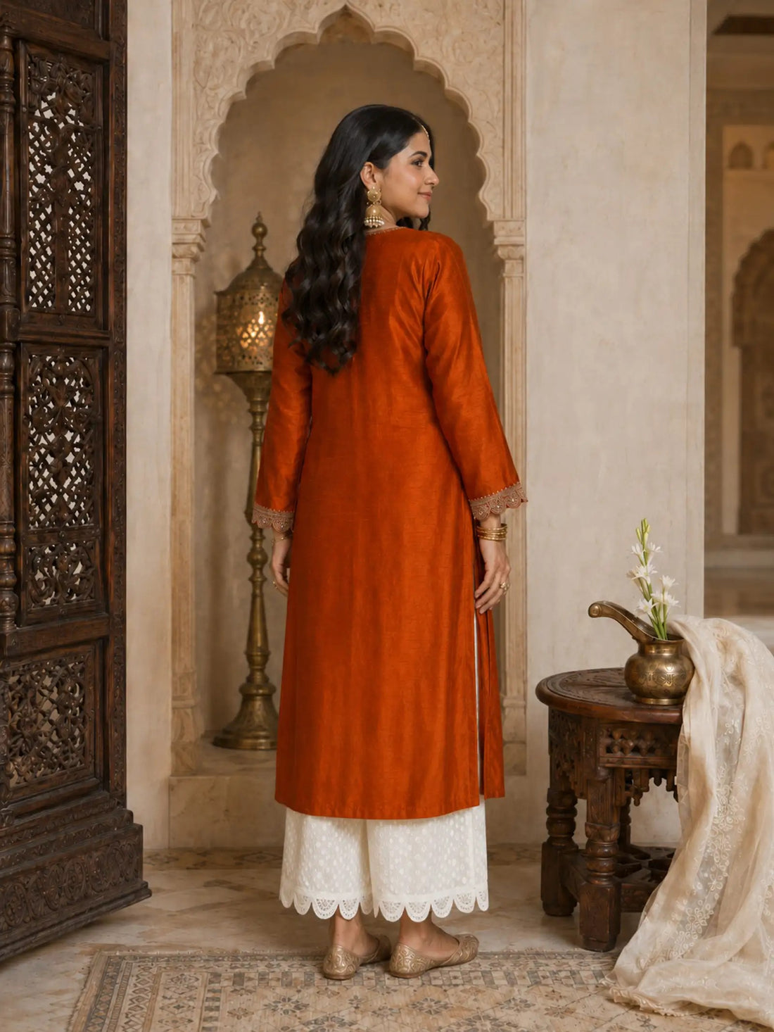 RARE THREAD Embroidered Silk Blend A-line Kurta for Women (Orange)